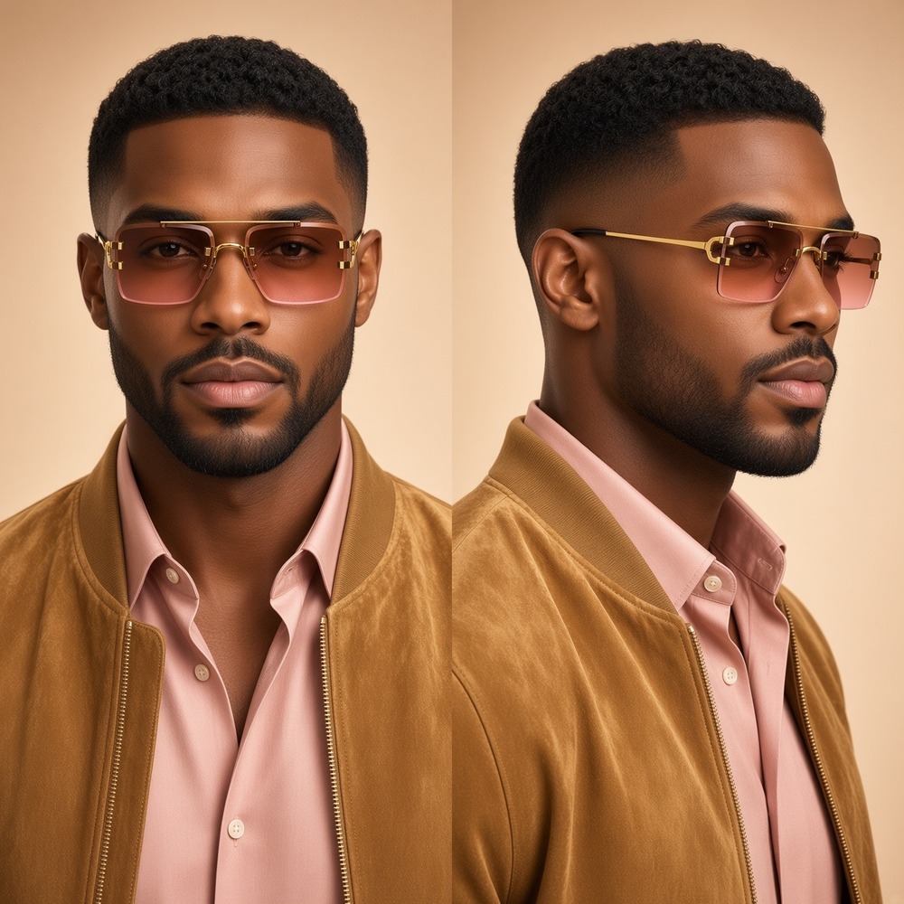 Mens Gold Rimless Square Sunglasses Pink Gradient Lens Luxury Hip Hop Rapper NEw